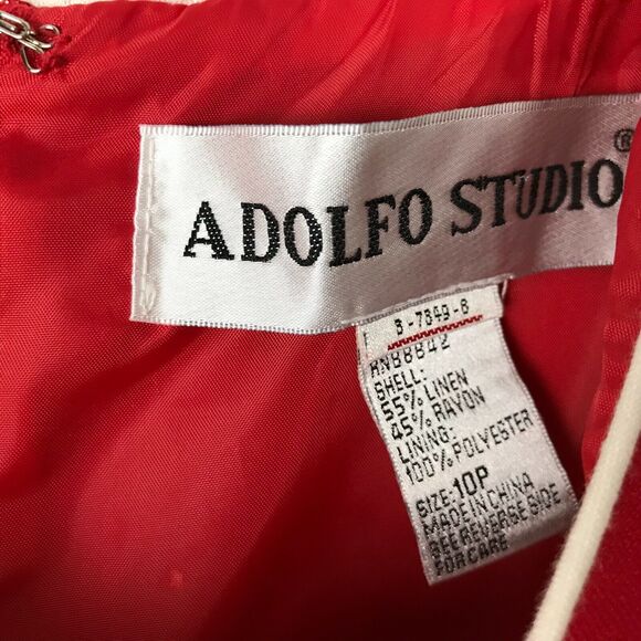 Vintage 1990s Adolfo Studio Dress Size 10P Red Short Sleeve Sheath Linen Blend - Picture 6 of 7